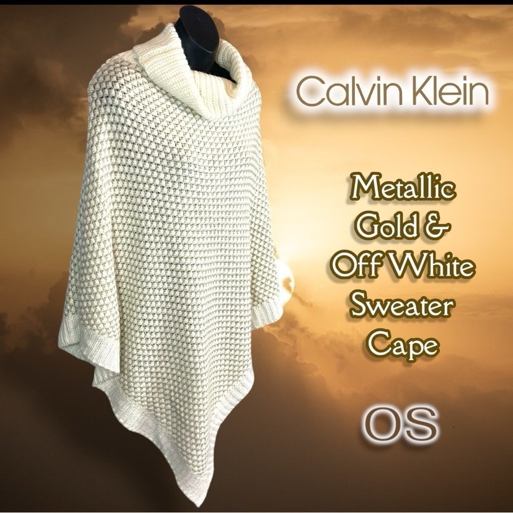 Calvin Klein Off White Gold Metallic Cowlneck Cape Poncho Sweater One Size